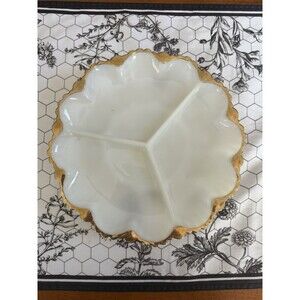 Vintage Anchor Hocking Milk Glass Gilded Gold Edge Divided Platter